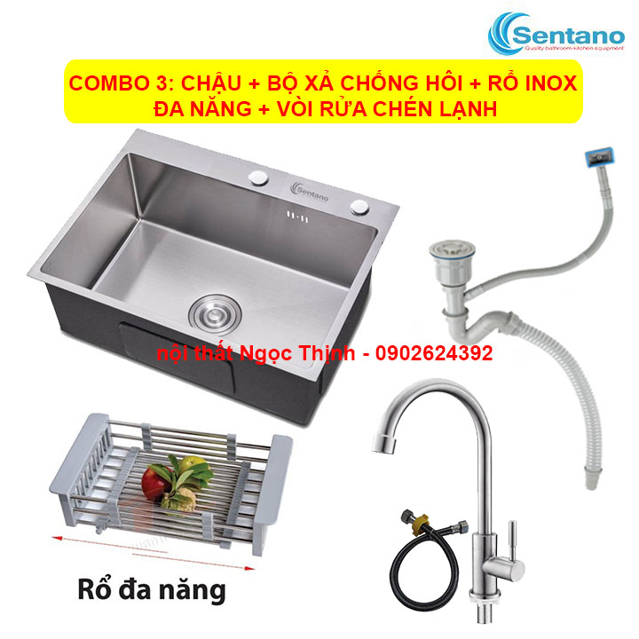 [SALE RẺ][DÒNG PLUS KHÔNG GỈ] Chậu rửa chén liền khối 1 ngăn kiểu vuông SENTANO 60x45cm PLUS 100% INOX 304 CAO CẤP dùng bền bỉ