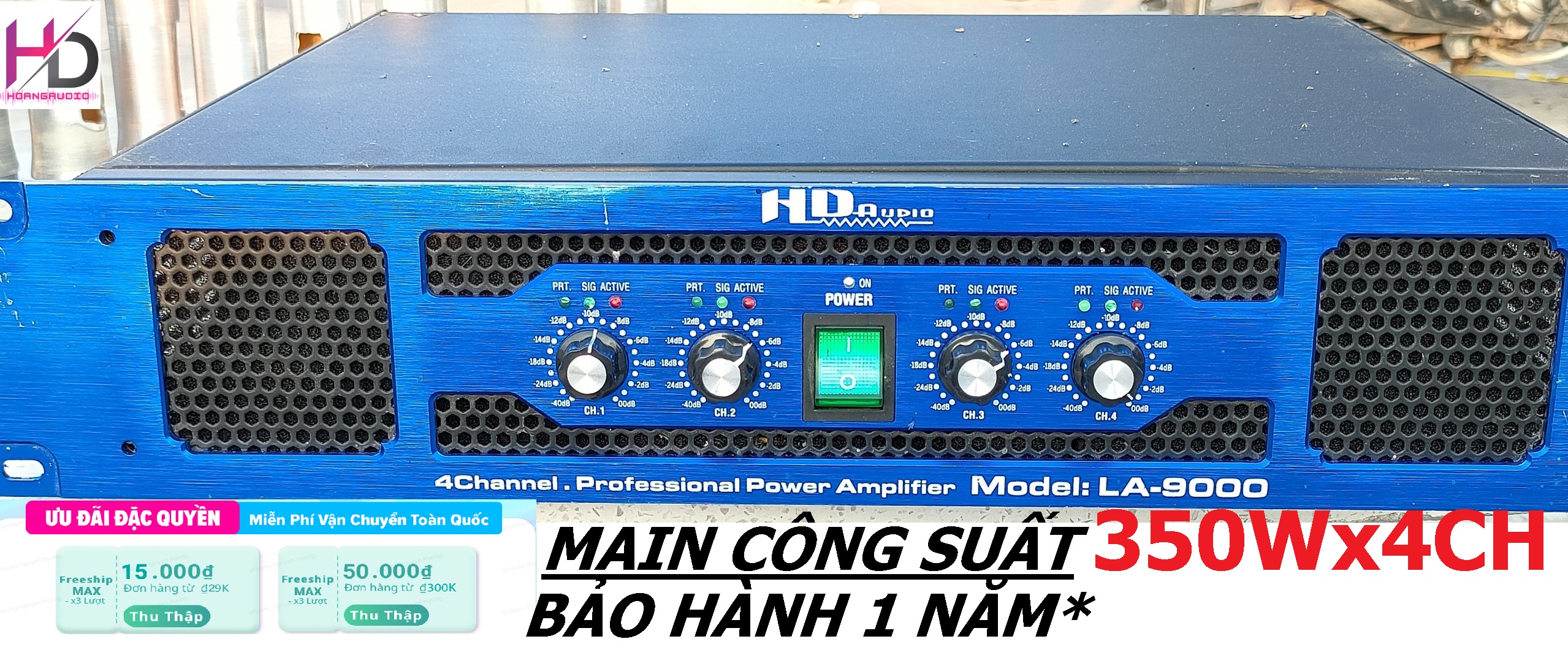 Main đẩy công suất HD LA9000 4 kênh 350x4 8 ohm copy main bãi BH đầy đủ