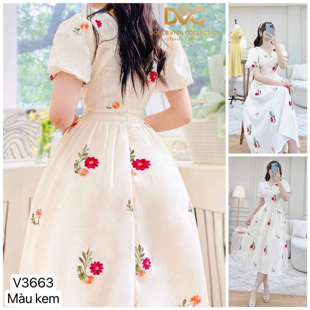 Đầm xòe xốp hoa tay phồng nút bọc cổ tim