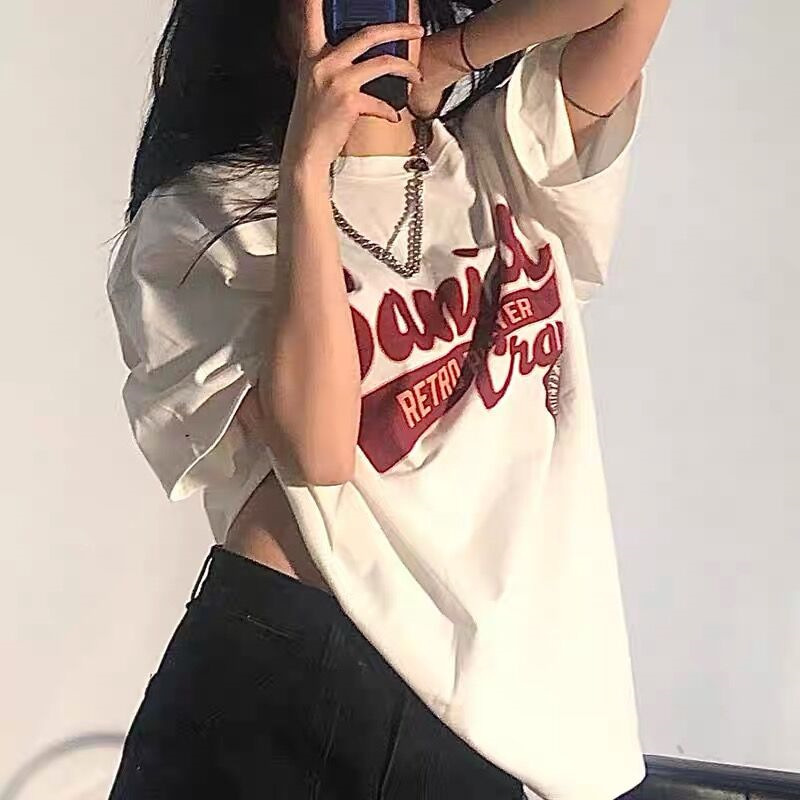 2022美式复古白色短袖T恤女夏季宽松韩版潮ins原宿风半袖上衣服潮