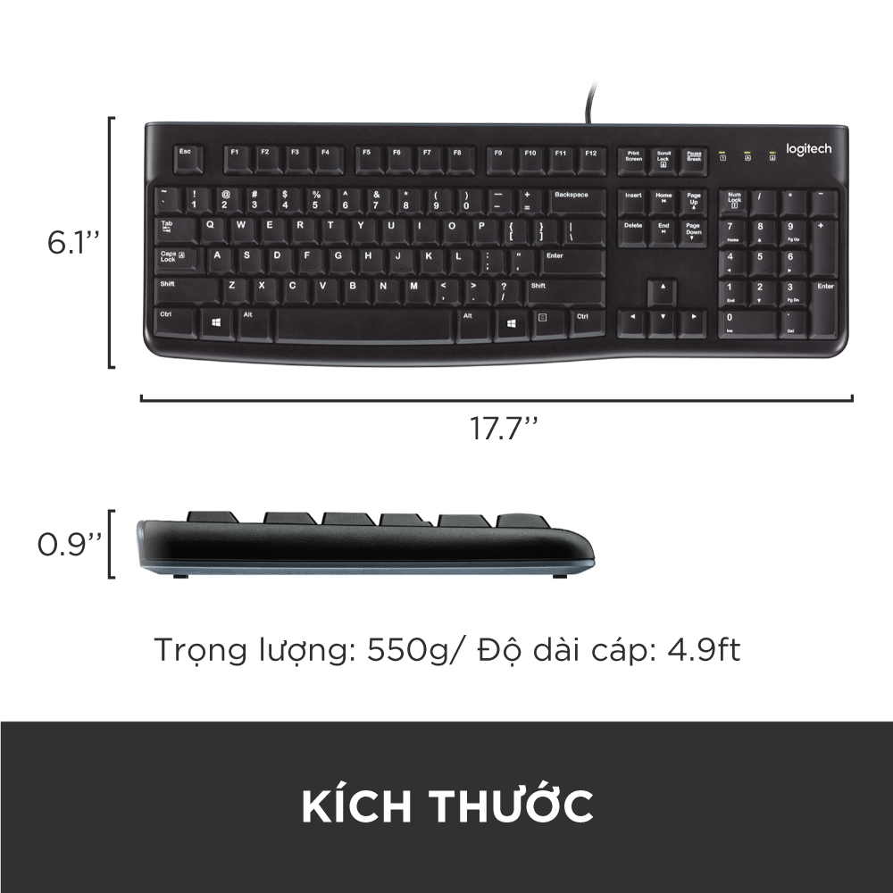 Bàn phím có dây Logitech K120 - Bền bỉ, chống tràn, có thể điều chỉnh góc độ gõ, kích thước đầy đủ có phím số