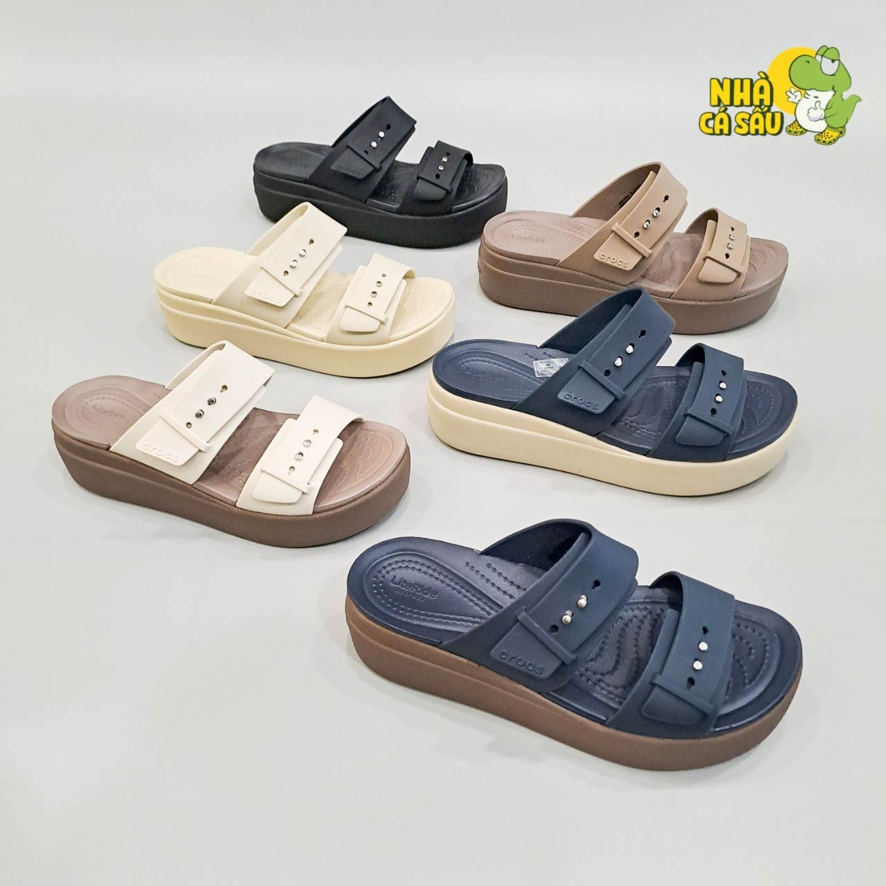 (Real photo) sandals Crocs Đế high 5 stool Brooklyn mid wedge version 2 multi-color, sandals horizontal straps buttoned Brooklyn-CR