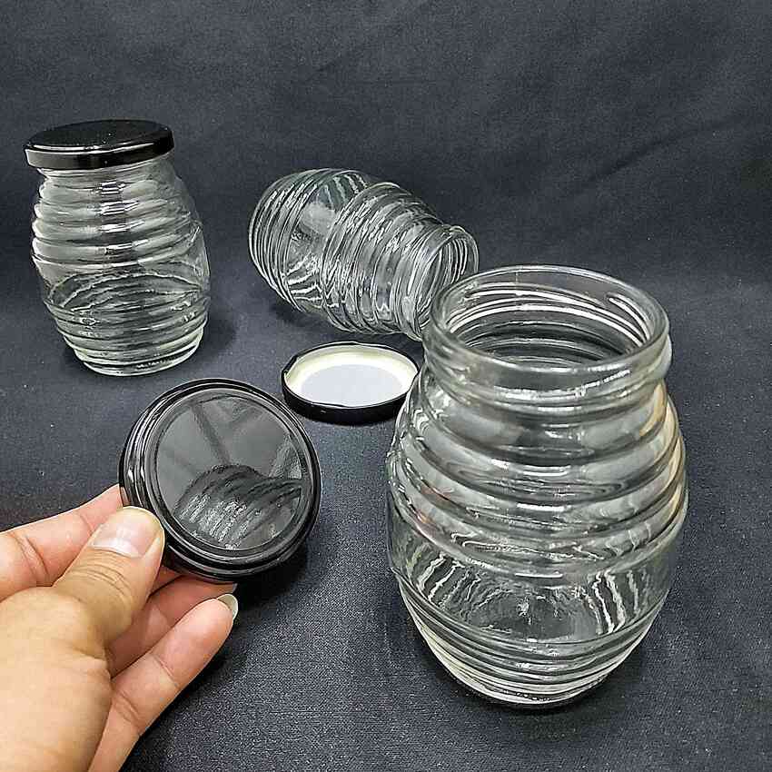Hũ Thủy Tinh Đựng Gia Vị 350ML (combo 8 cái) con ong nắp thiếc đen – Hũ Đựng Gia Vị Thủy Tinh - Hũ Thủy Tinh Đựng Mật Ong yến chưng