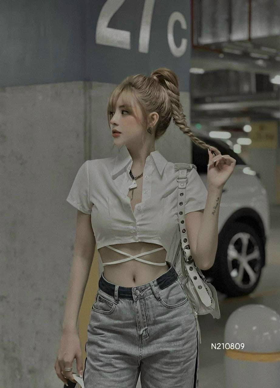 áo sơ mi croptop buộc dây eo