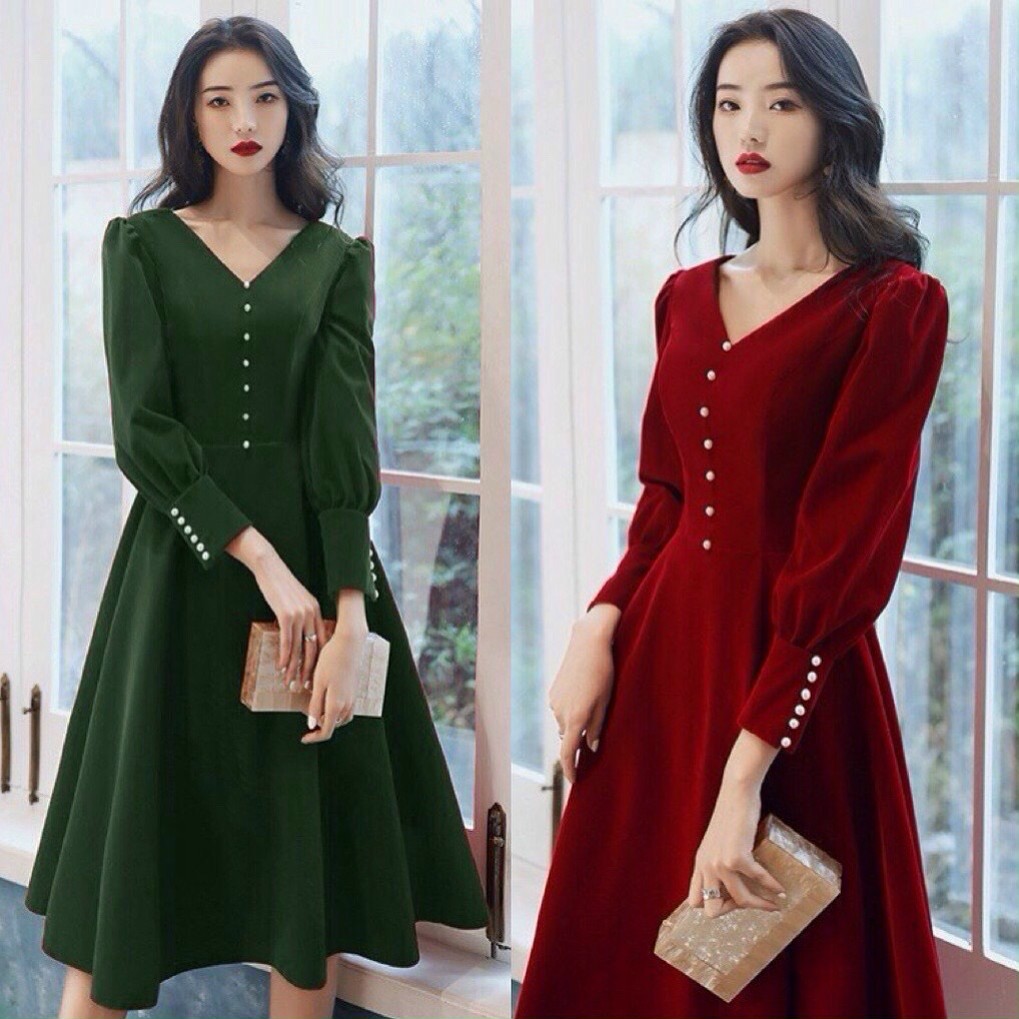 ĐẦM xòe CÔ DÂU tay dài CỔ V ĐÍNH NÚT