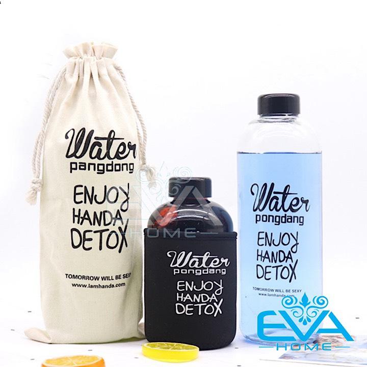 Bình đựng nước thuỷ tinh detox 600ml tặng kèm vỏ bọc vải neoprene và túi vải dây rút