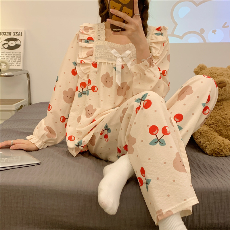 🌸🌸Bộ đồ ngủ Pyjama mềm mại cổ vuông ren đính nơ🌸🌸