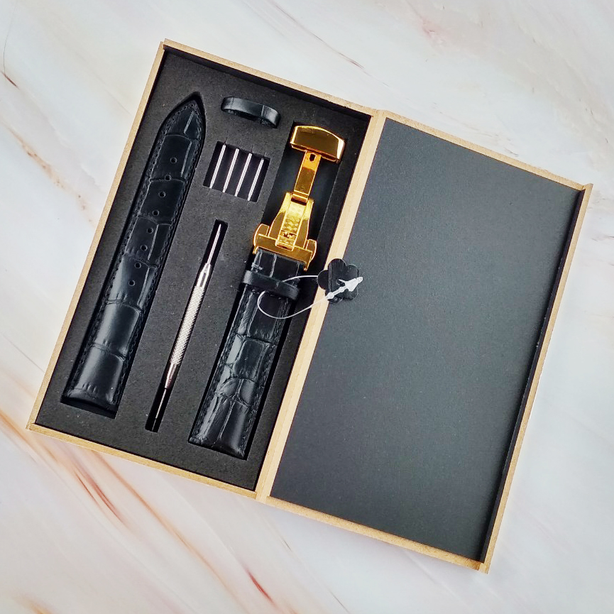 DÂY ĐỒNG HỒ DA BÒ KHÓA BƯỚM CAO CẤP 316L (HỘP GỖ) - DÂY MÀU ĐEN