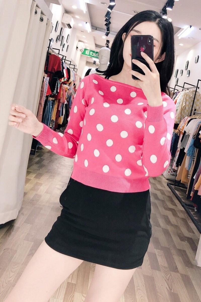 Áo len nữ chấm bi cô tròn tay dài siêu xinh