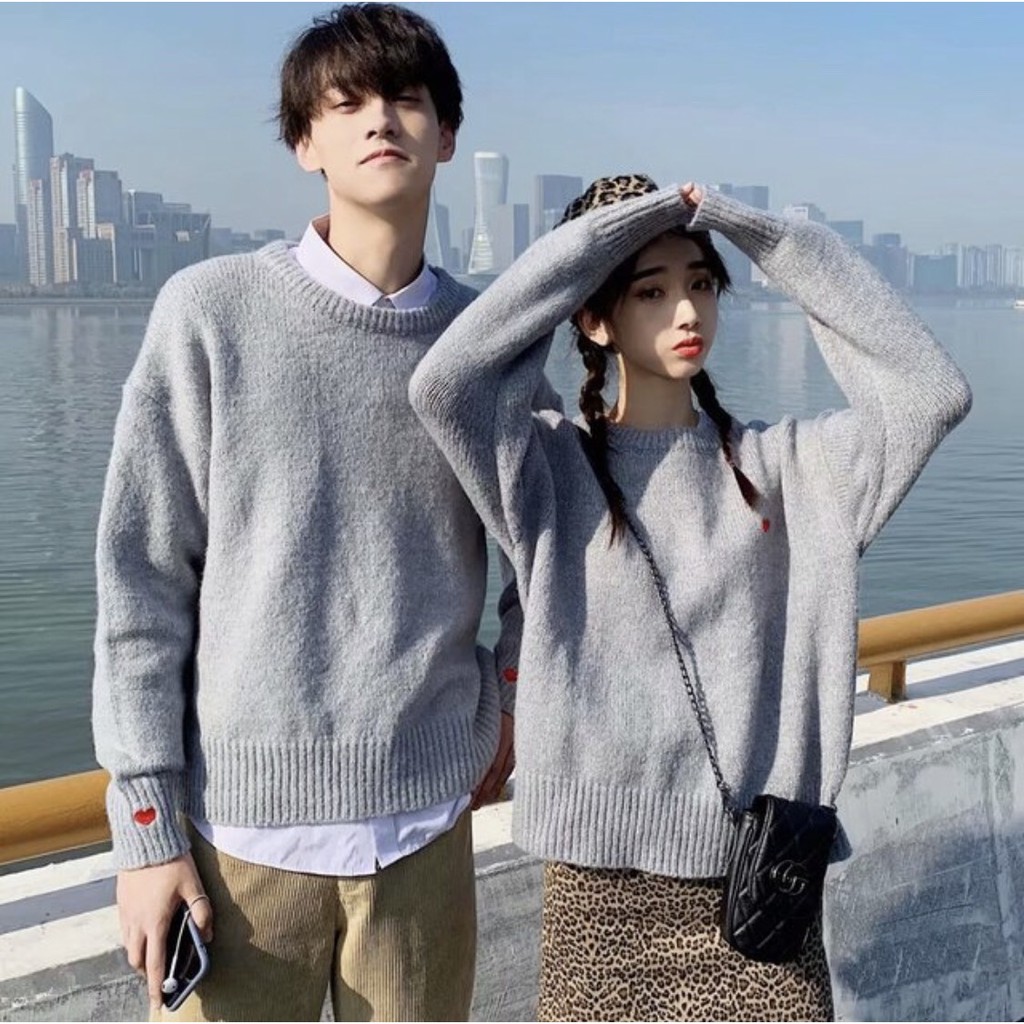 Áo Len Đôi Phối Tim Đỏ áo len couple nam nữ