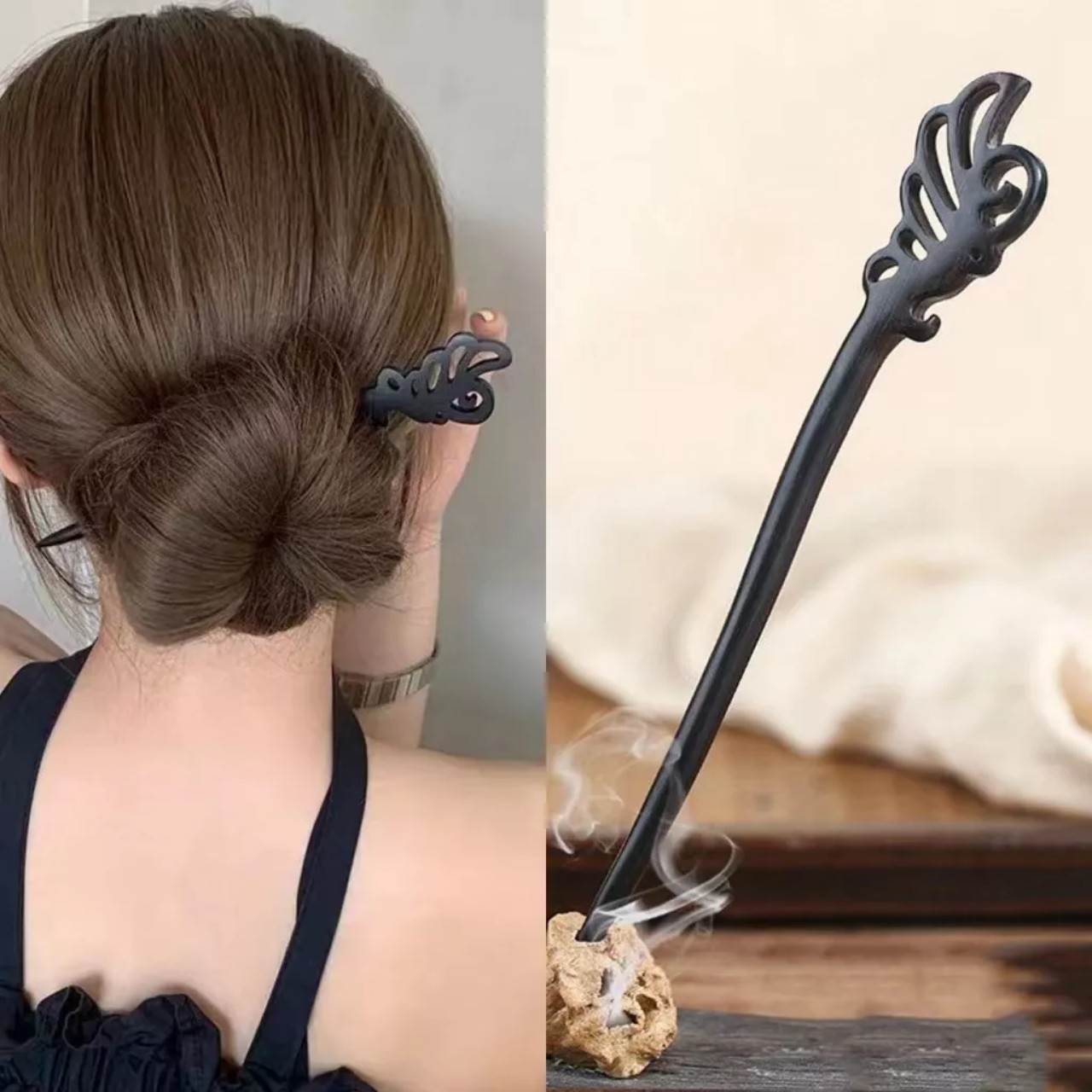 Trâm búi tóc phong cách cổ phong thun gỗ mun đen