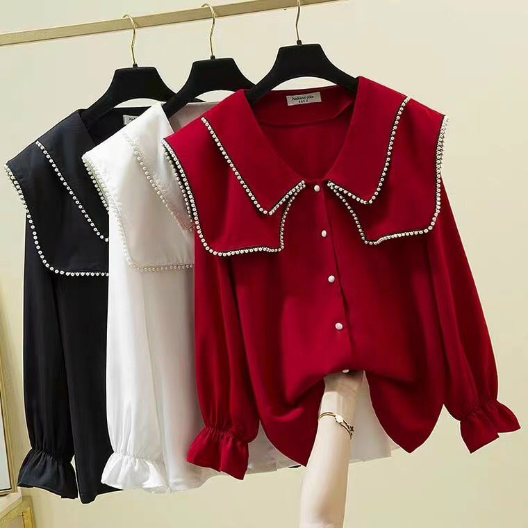Áo Sơ Mi Nữ Lụa Quảng Châu Cổ Đan Kép Pha Ren Kép Hạt M006