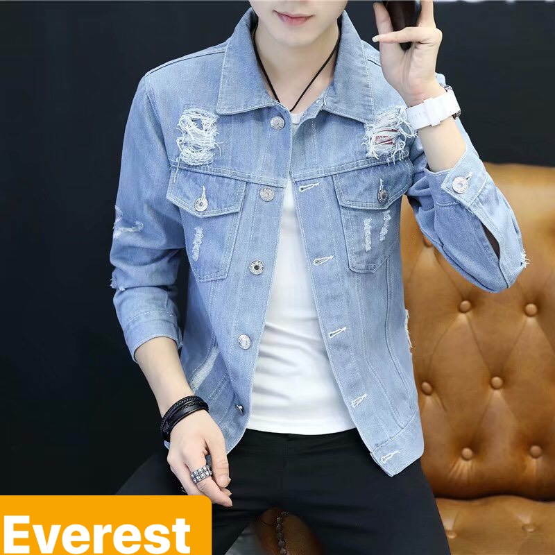 ÁO KHOÁC JEAN NAM CHẤT BÒ XANH WASH RÁCH VAI CHẤT BÒ THU ĐÔNG CỰC HOT HÀN QUỐC - EVEREST FASHION