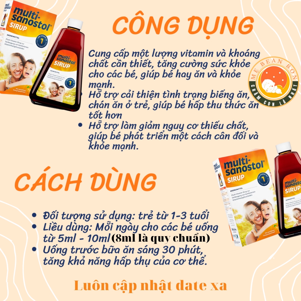 Vitamin tổng hợp Sanostol số 1 của Đức phù hợp cho bé từ 1 đến 3 tuổi là dạng siro sanostol bổ sung đầy đủ dinh dưỡng Multi Sanostol Sirup 300g giúp bé hấp thụ thức ăn tốt hơn, tăng cường sức đề kháng