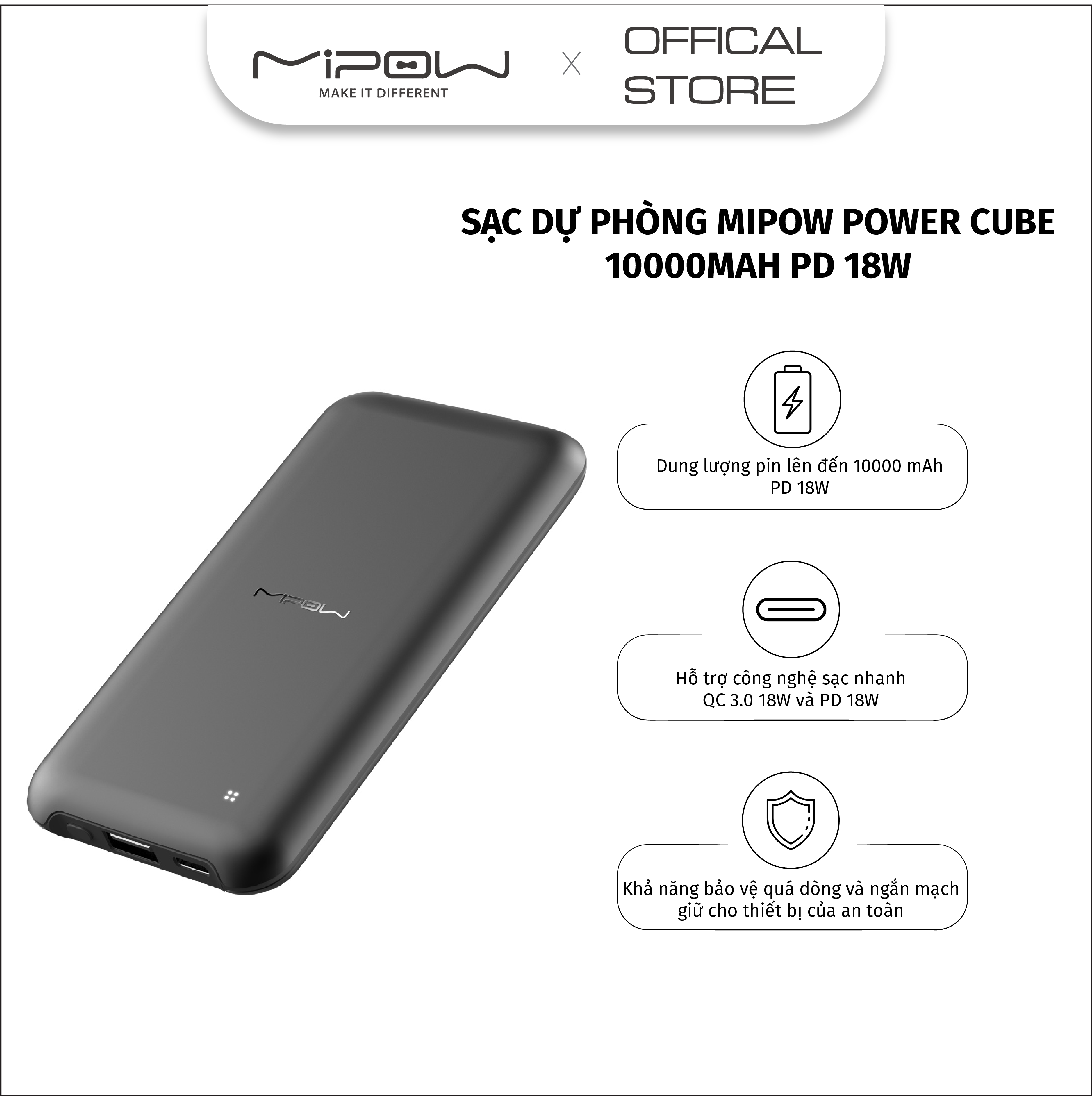 Sạc dự phòng Mipow Power Cube 10000 mAh PD 18W - (SPT02)