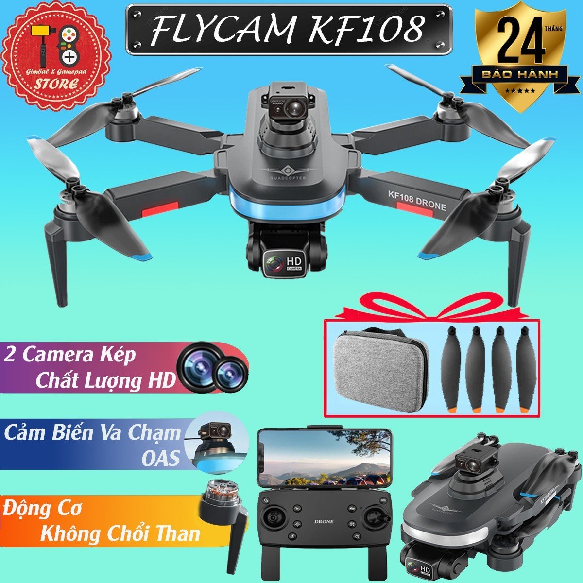 Flycam KF108 tích hợp cảm biến OAS, Flaycam mini động cơ không chổi than, 2 camera HD quay phim, chụp ảnh, flycam giá siêu rẻ rẻ hơn AE3, Mavic 2