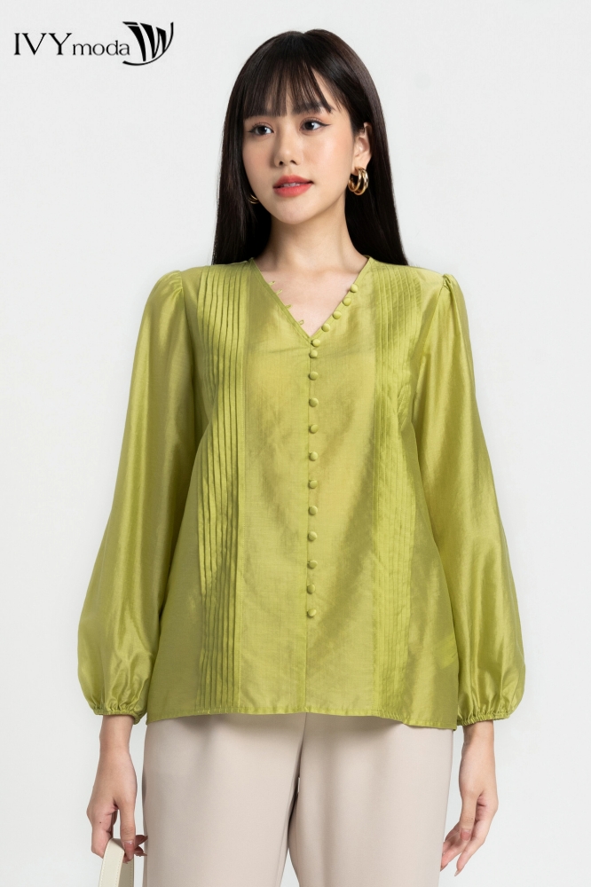 Áo sơ mi lụa phối nút IVY moda MS 17M8025