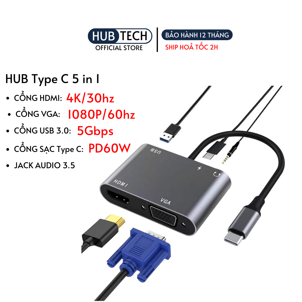Hub usb type c to hdmi,cổng chuyển đổi type c,usb type c hub mac laptop Đt ra HDMI 4k ra 2 màn hình+audio 5in1