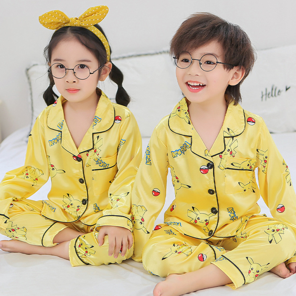 Bộ ngủ lụa dài tay in hình cho bé, bộ Pijama thu đông dài tau mặc nhà cho bé yêu từ 6-27kg