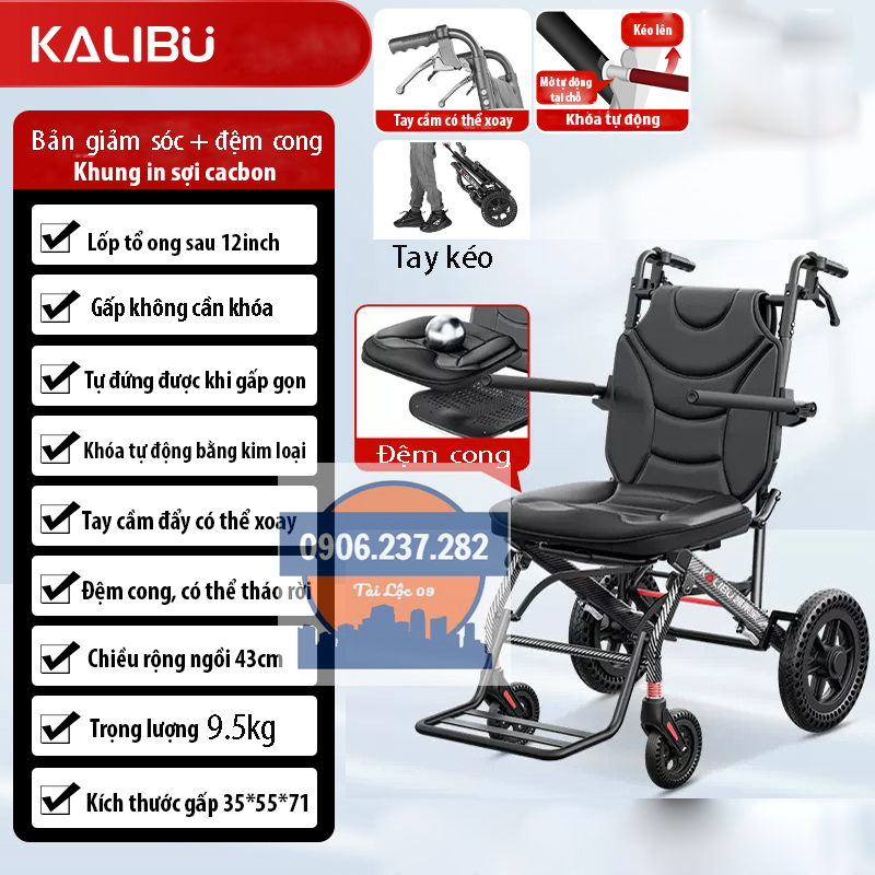 Xe lăn gấp gọn KALIBU lốp đặc ổn định - xe lăn du lịch xách tay siêu nhẹ cho người già, người khuyết tật - xe lăn xếp gọn