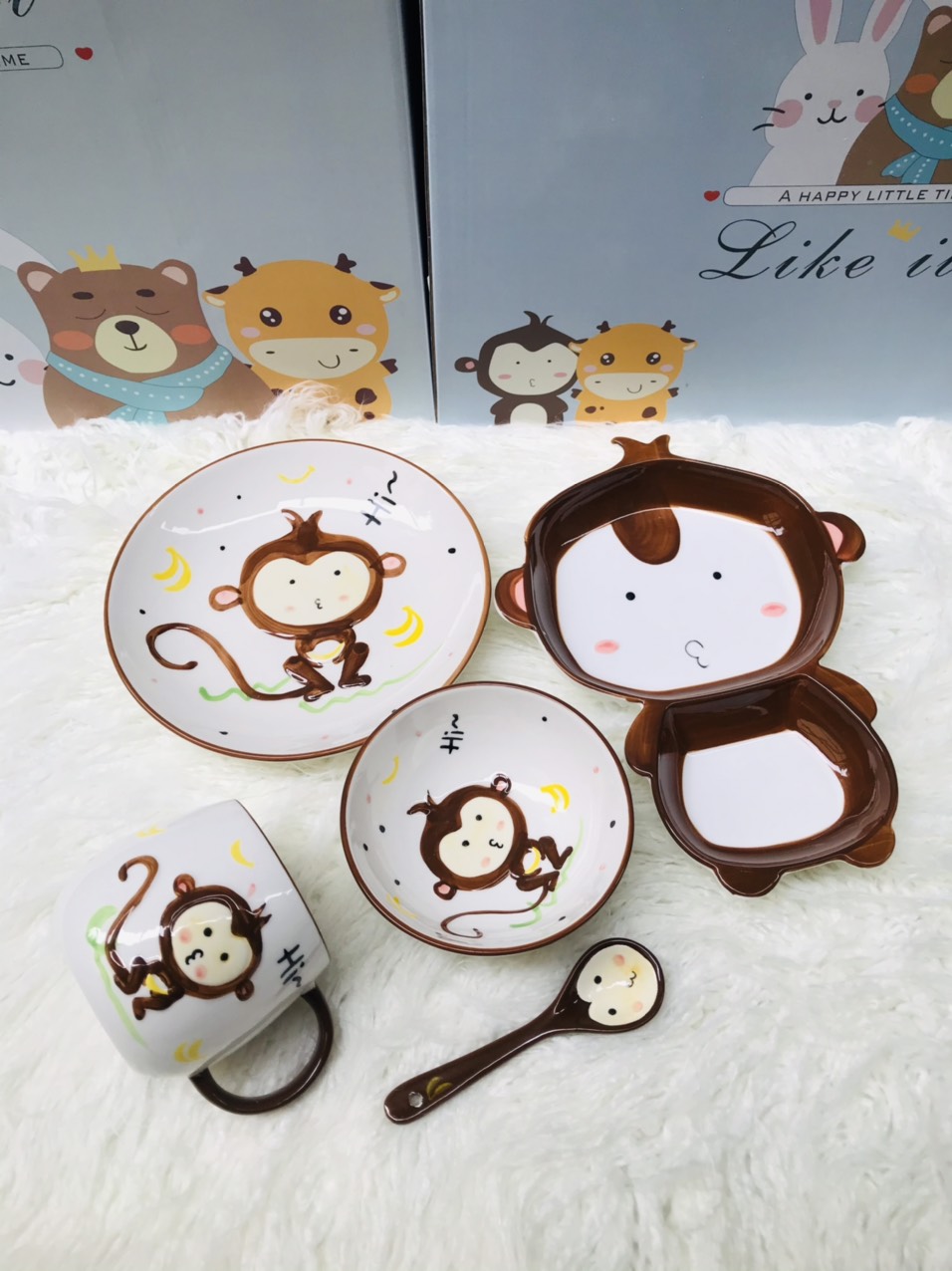 Trọn Bộ Ăn Dặm Cho Bé Hình Thú Đáng Yêu (Gồm 5 Chi Tiết: Khay, Đĩa, Bát, Cốc, Thìa)