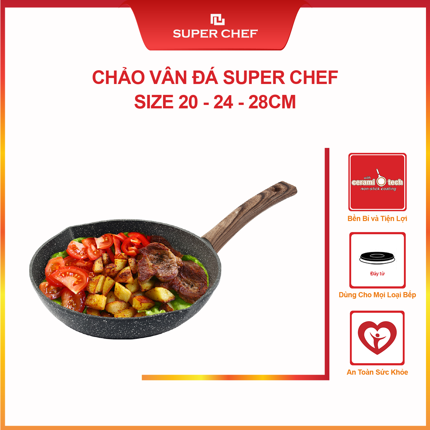 Chảo Chống dính Vân Đá Super Chef 2 miệng rót Siêu Bền Bỉ (20-24-28 cm)