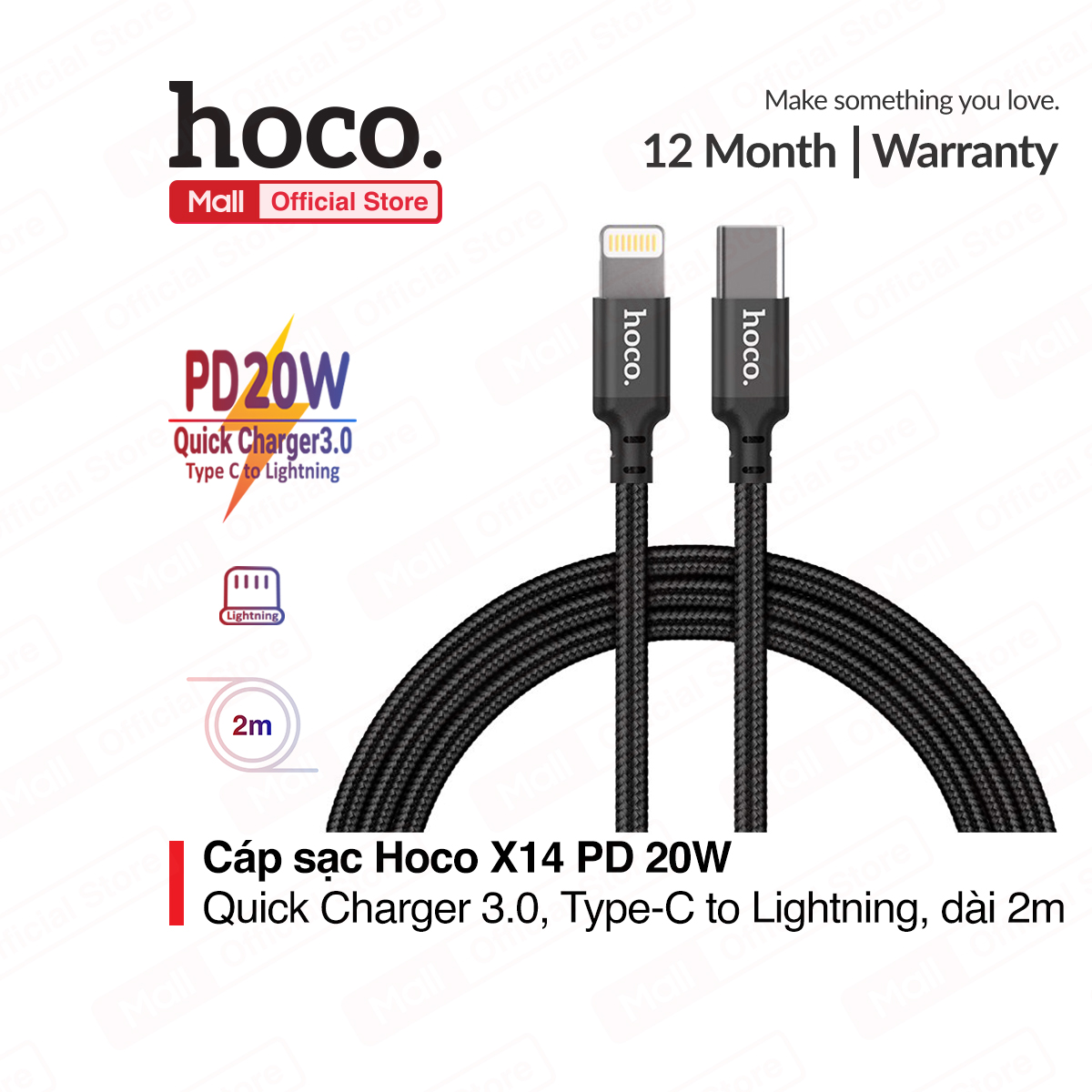 Cáp sạc Hoco X14 PD 20W Type-C to Lightning  Quick Charger 3.0 dây bọc dù chống đứt gãy gập dành cho iPhone/iPad dài 1m/2m/3m