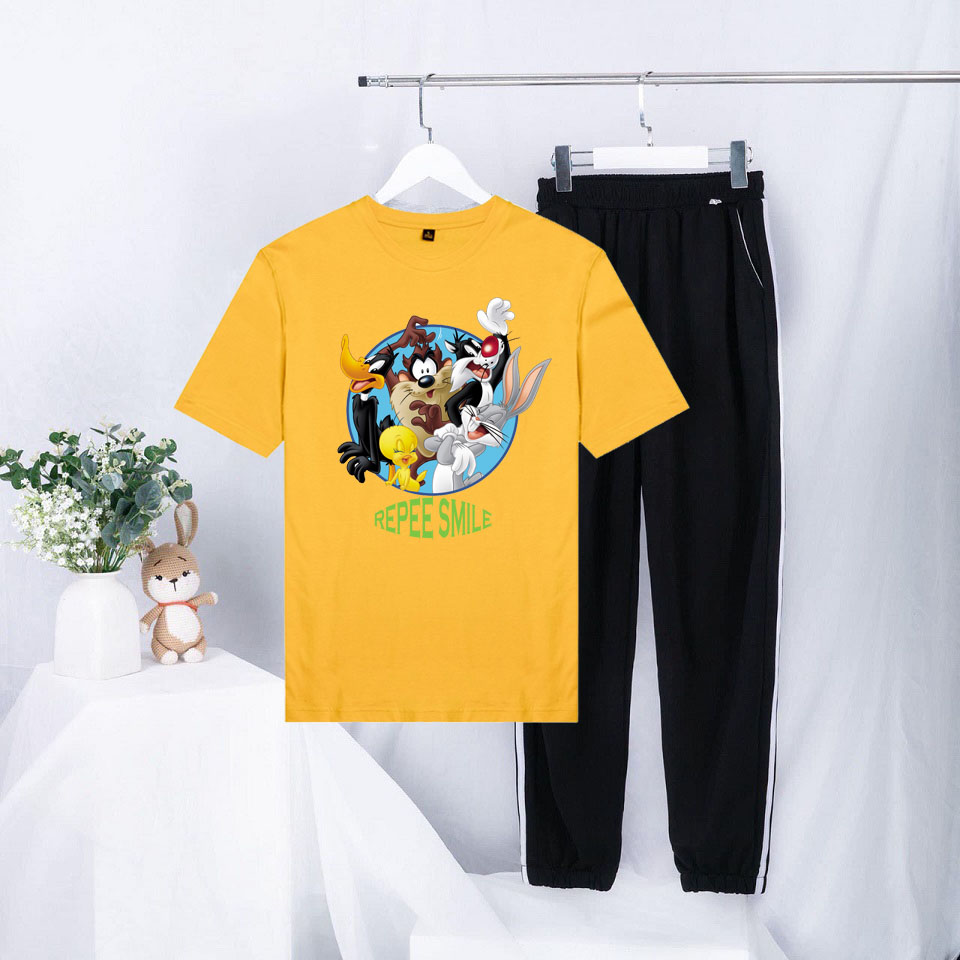 Sét Bộ Đồ Mùa Hè Ulzzang Nữ Xinh Cute Mặc Đi Chơi Dạo Phố, Chất Liệu Áo Cotton Organic Màu Vàng Ngắn Tay Cổ Tròn In 3D REPEE SMILE Cute Kèm Quần Thun Bo Chun Gấu Hai Rót Phong Cách