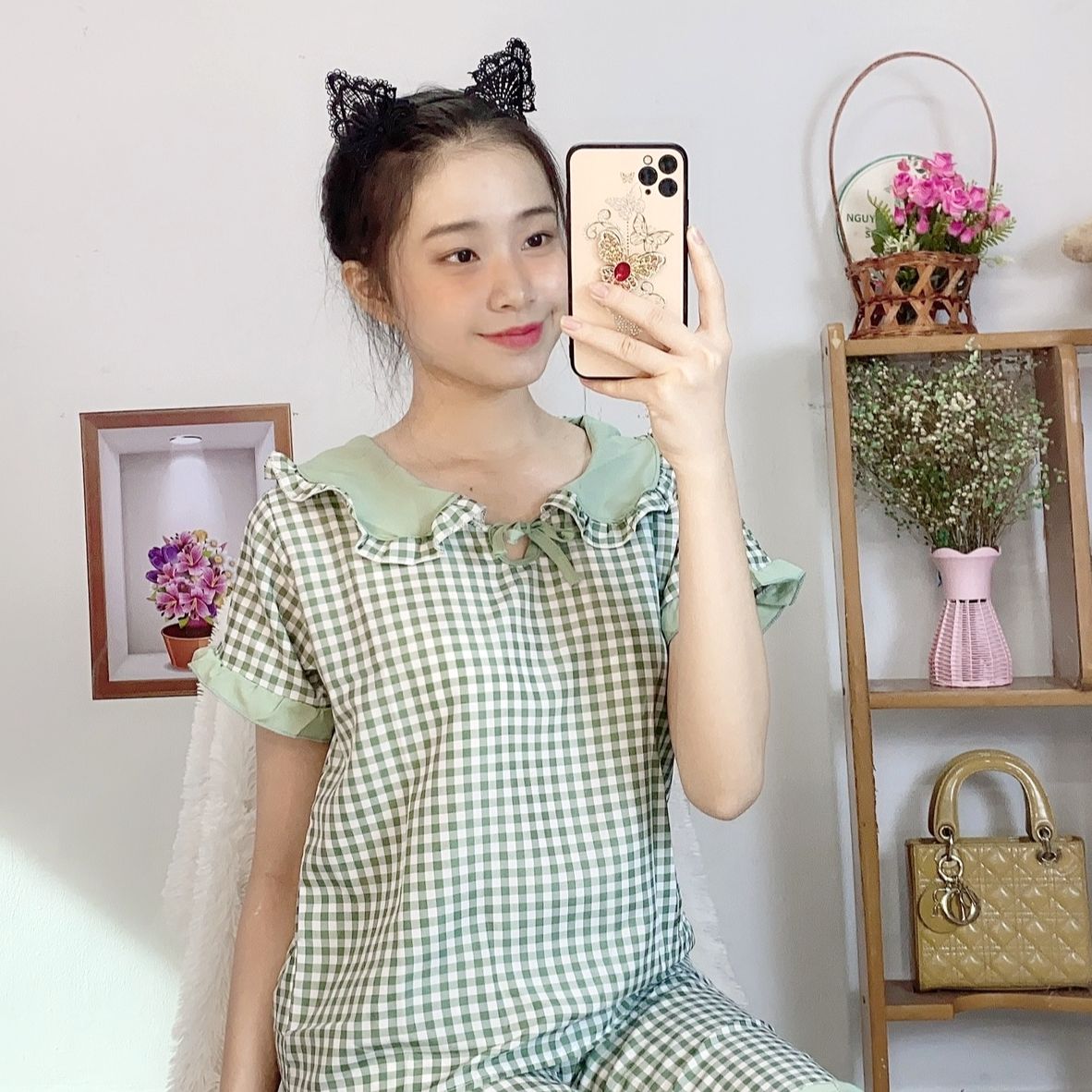 Đồ ngủ đùi caro vải kate lụafreesize dưới 54kg
