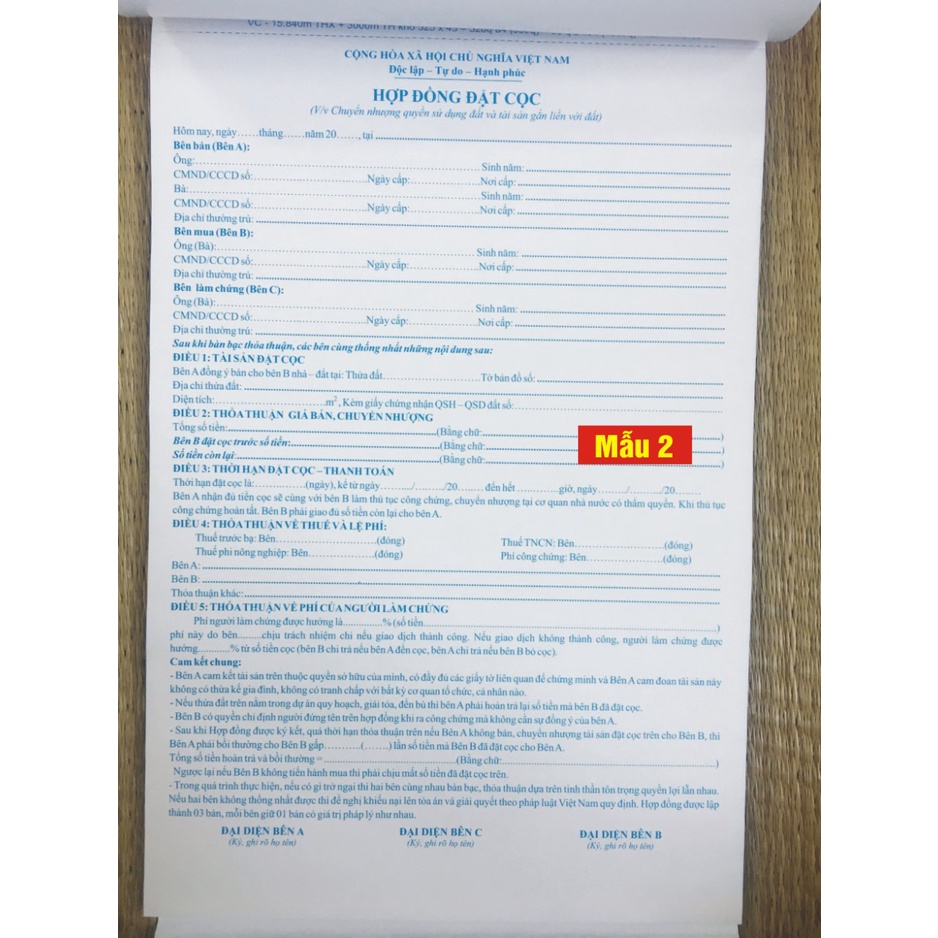 Combo 2 Sổ Hợp Đồng Đặt Cọc Nhà Đất 3 Liên Mẫu Mới