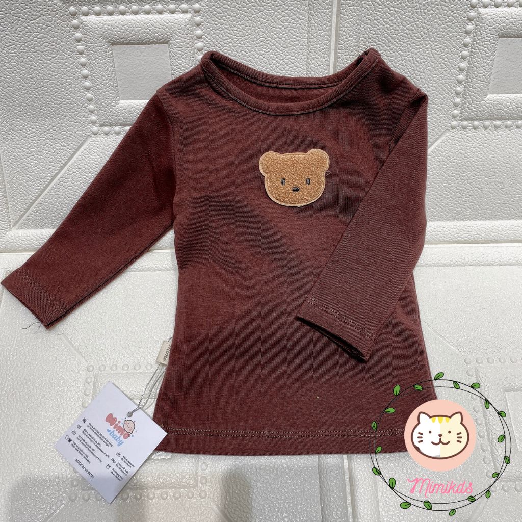 Áo dài tay đính gấu chất cotton cho bé trai , bé gái 2 màu trắng và nâu cho bé Mimikids QA32