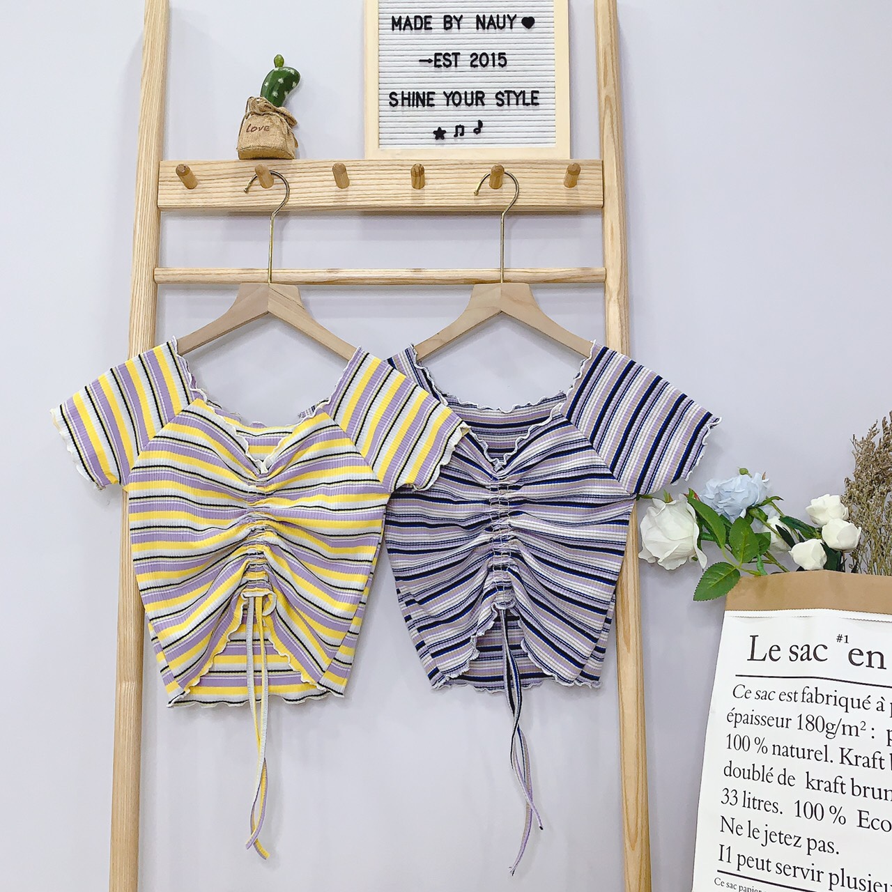 Áo kiểu sọc màu rút dây giữa xinh