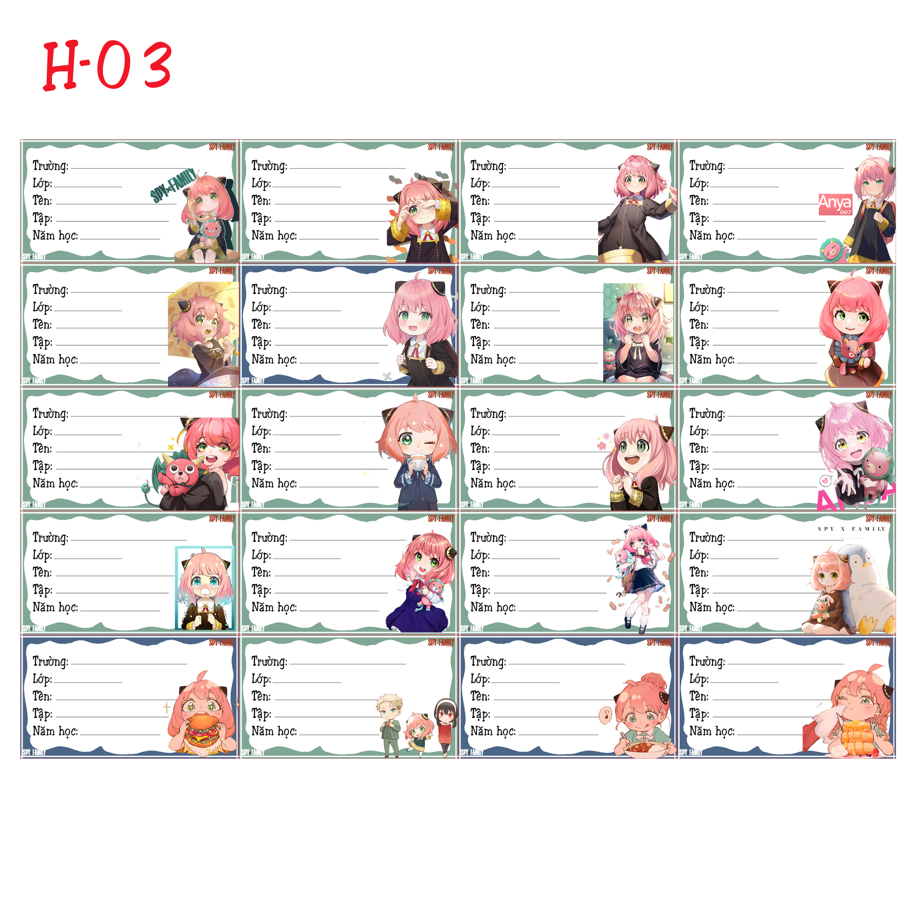 Nhãn vở anime Spy X Family (combo 60 cái nhãn vở giá 45k)