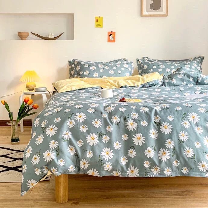 Bộ Chăn Ga Gối Cotton Poly - Hoa Cúc Đơn ( 1 Drap + 2 Vỏ Gối Nằm + 1 Vỏ Chăn ) Tiệm Nhà Cá