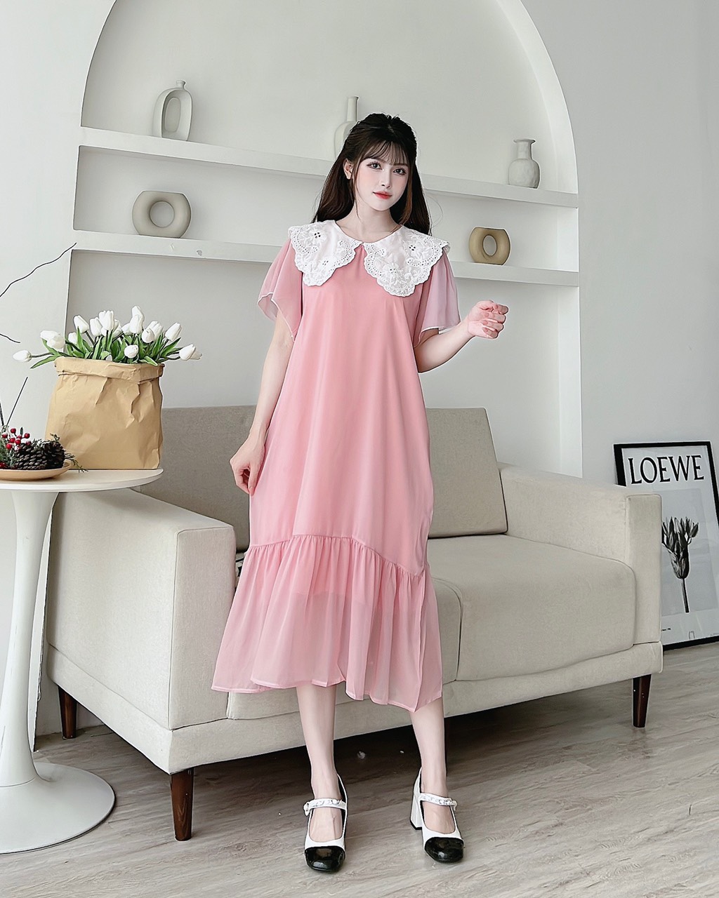 Váy Bầu, Đầm Bầu Tơ Lụa 2 Lớp Dáng Suông, Cổ Ren