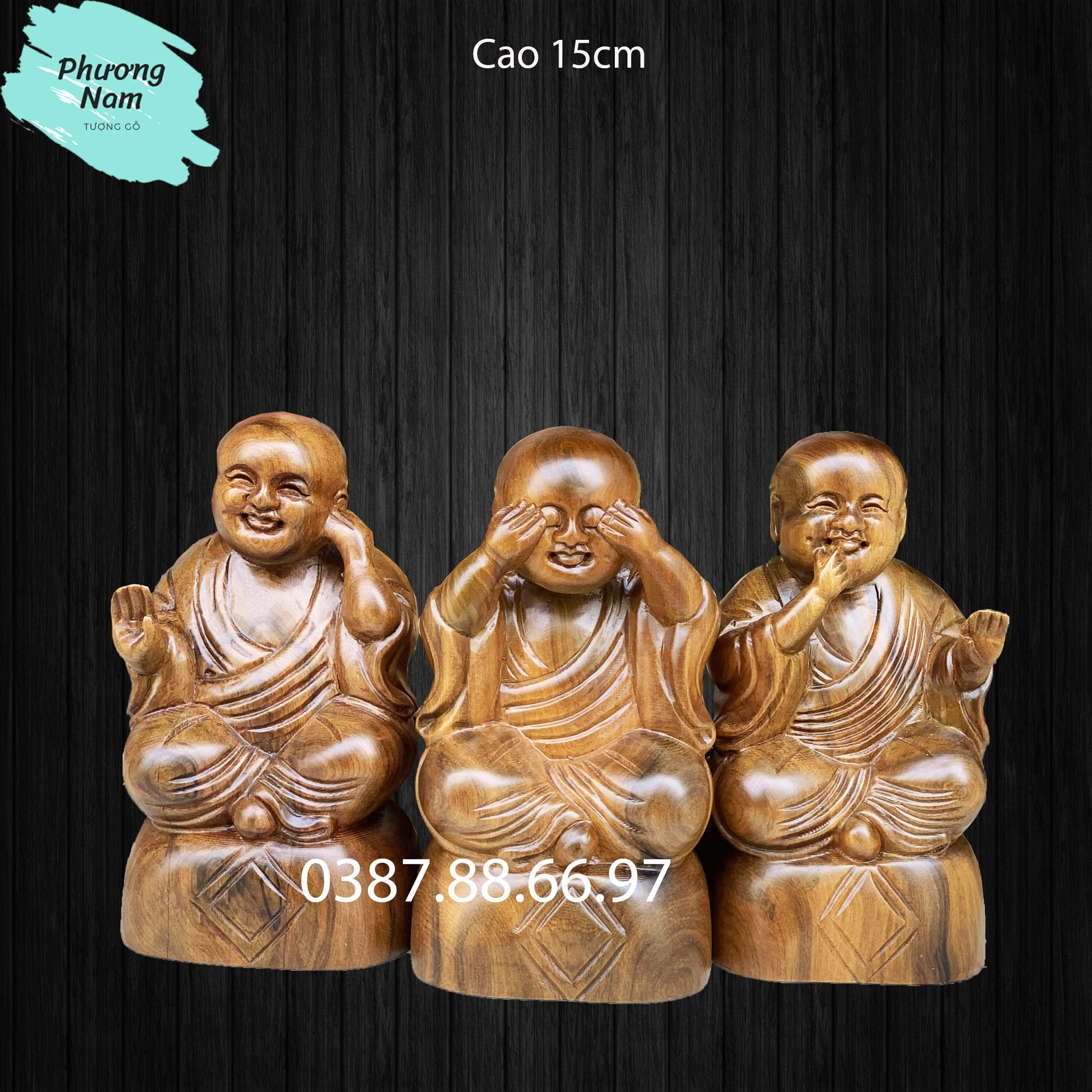 Bộ tượng gỗ chú tiểu tam không cao 15cm được làm bằng gỗ bách xanh