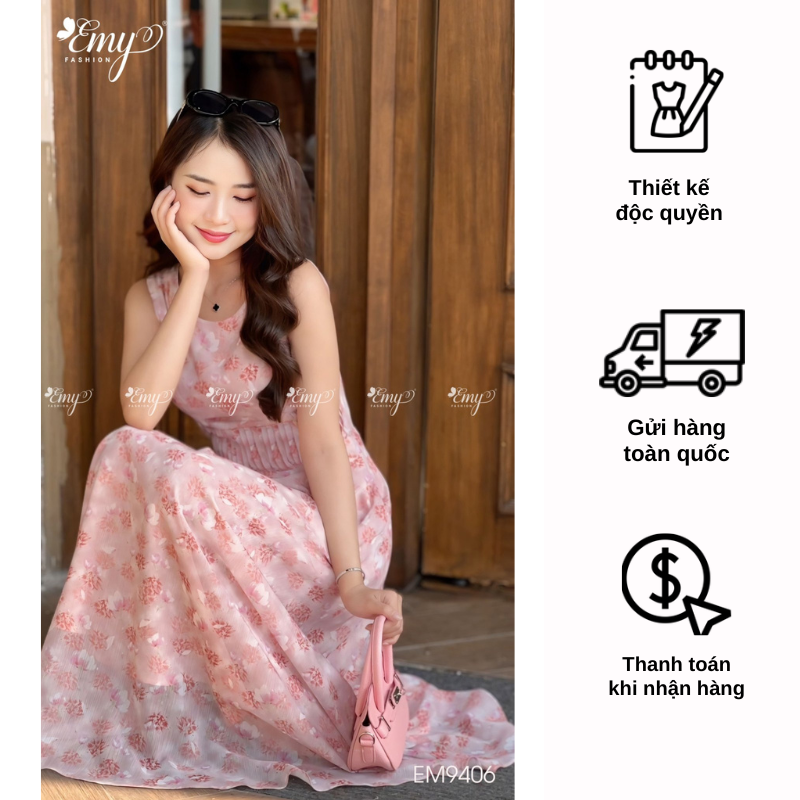 Đầm EMY EM9406 Maxi Hồng Sát Nách Ply Eo