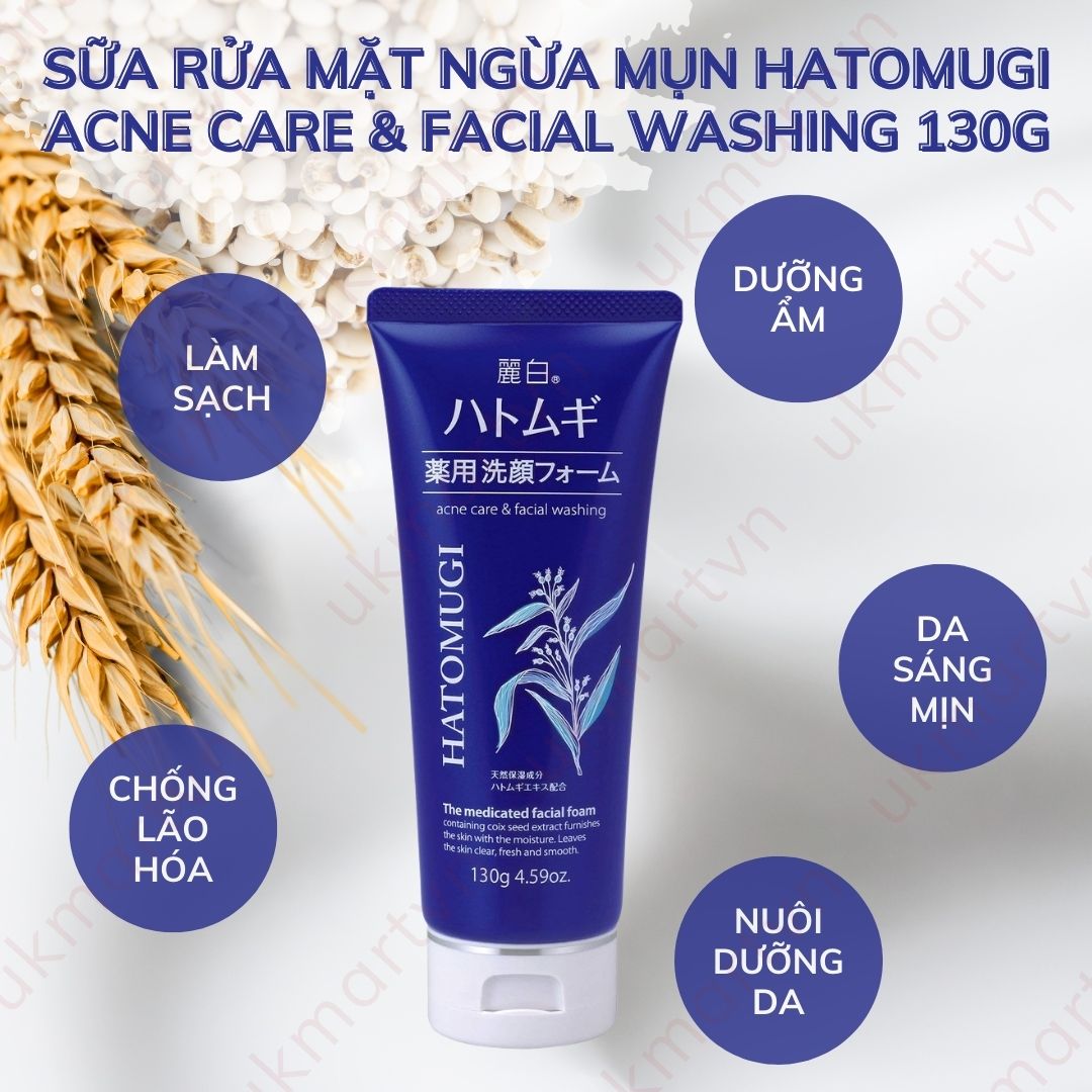 Sữa Rửa Mặt Hatomugi Moisturizing Facial Washing 130G 170G Ngừa Mụn Dưỡng Ẩm Reihaku Hatomugi Acne Care & Facial Washing 130g