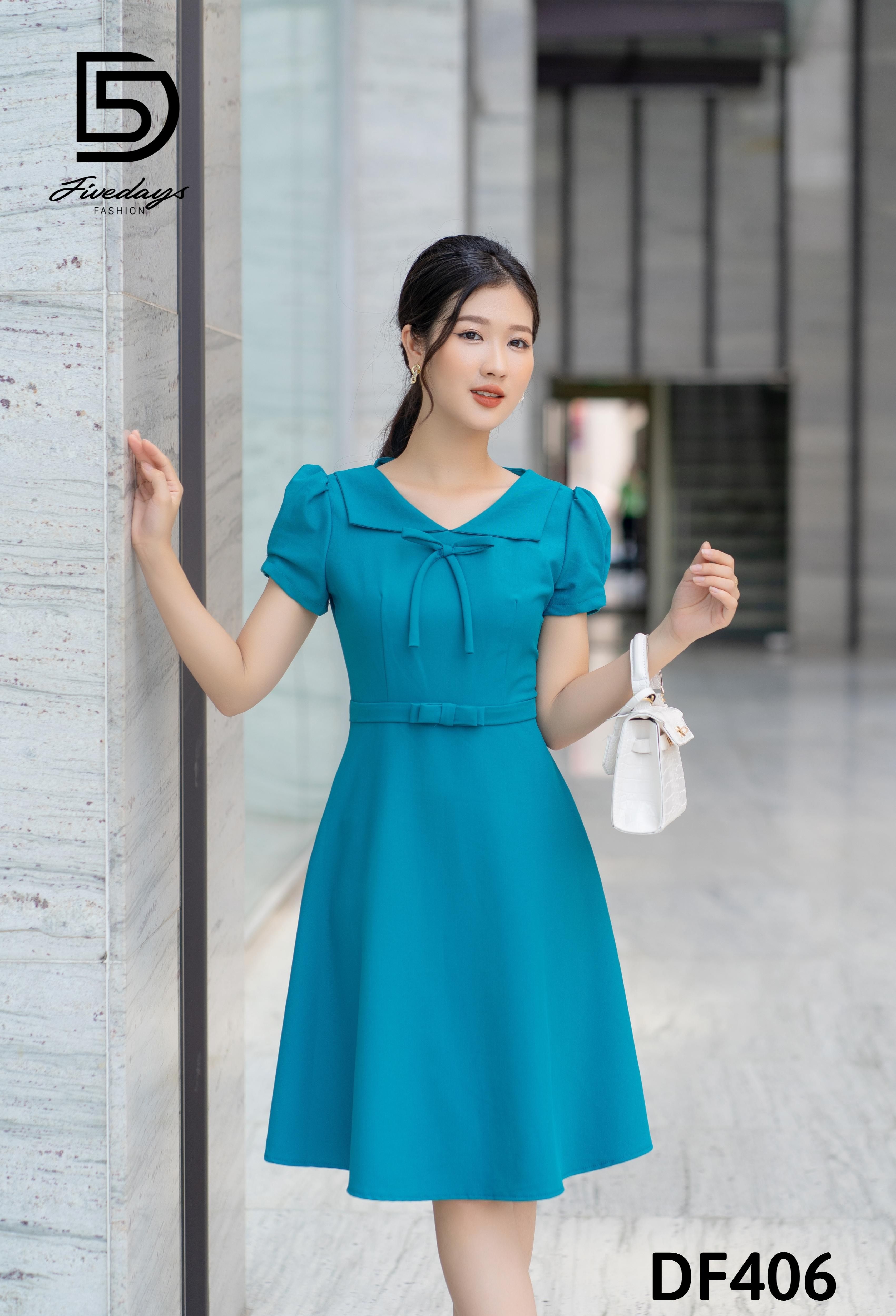 Fivedays - Đầm cổ sen V có nơ cổ và đai eo