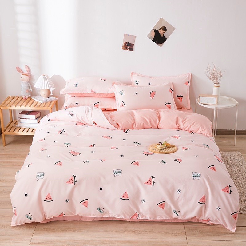 Chăn ga gối cotton poly - Mẫu dưa hấu hồng.