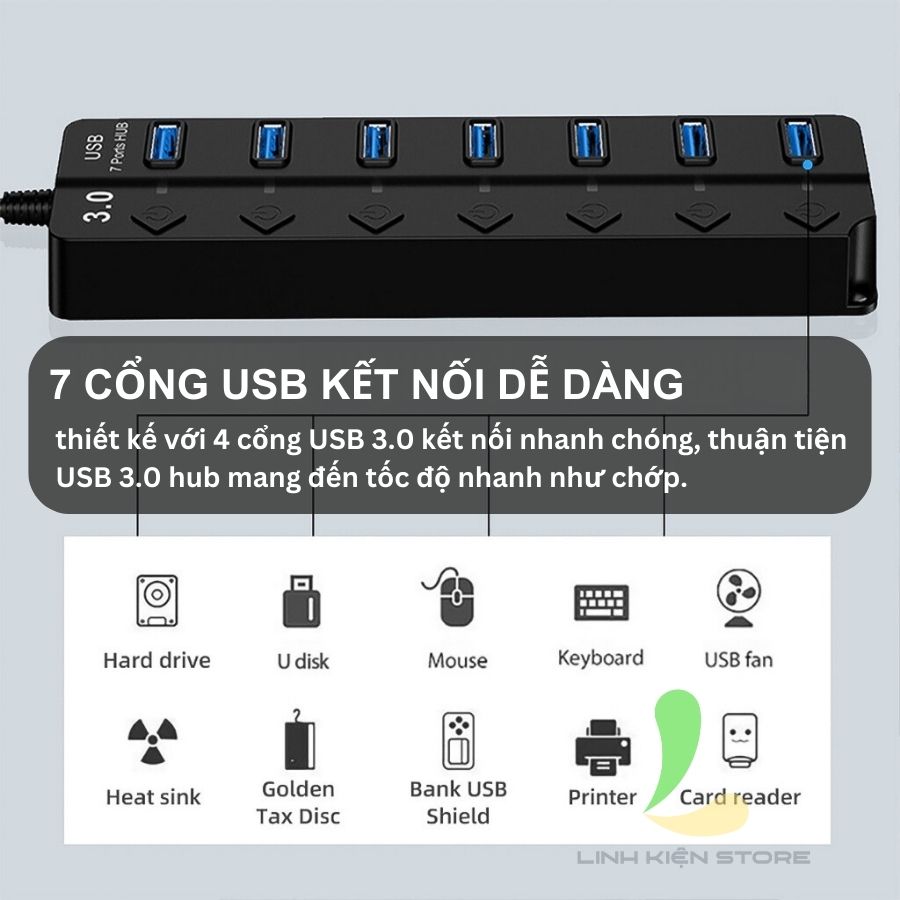 Bộ chia USB 7 cổng USB 3.0 - Hub USB tốc độ cao có đèn led hỗ trợ máy tính, PC