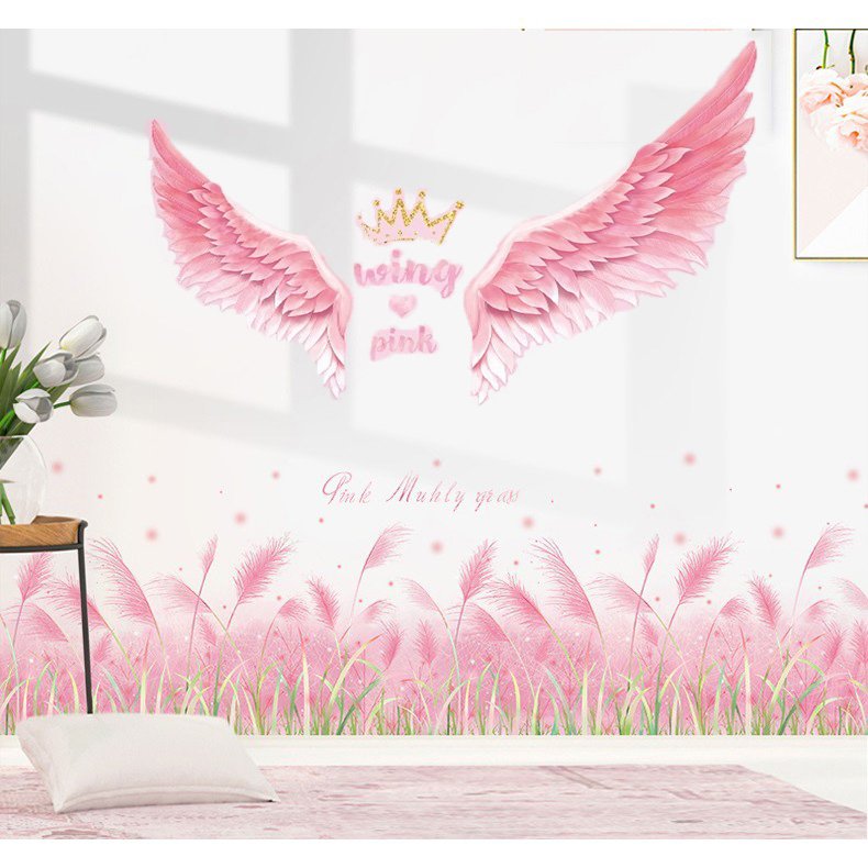 Decal dán tường đôi cánh thiên thần và chân tường hồng