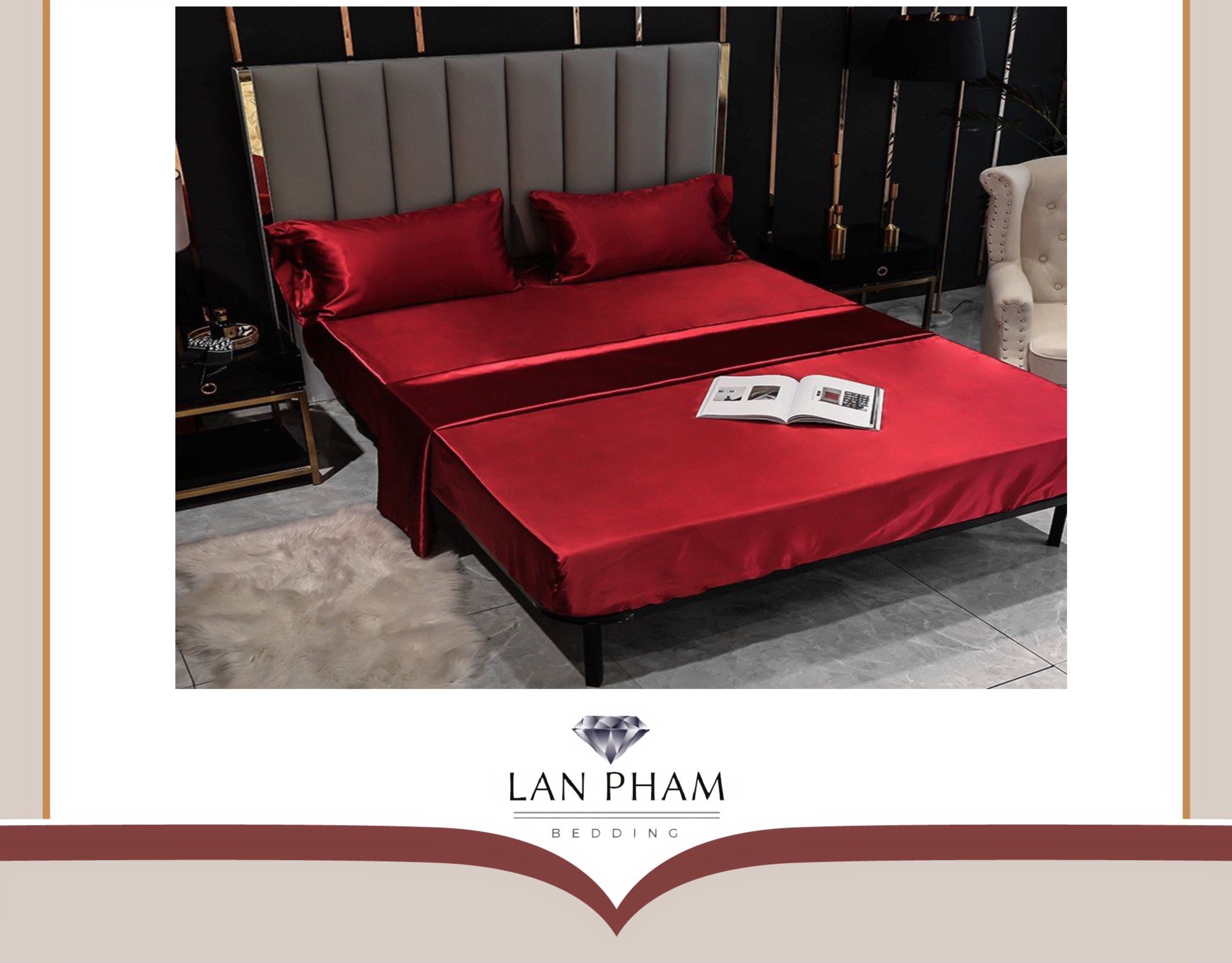 Bộ 4 món ga gối phi lụa đỏ đô lan pham bedding hàng loại 1 mát mịn