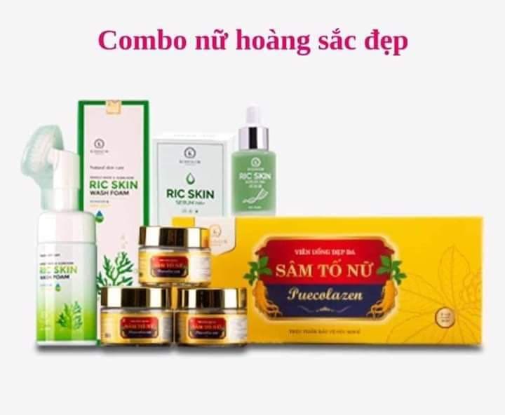 COMBO NỮ HOÀNG SẮC ĐẸP Sâm tố nữ Puecolazen, Ric Skin Serum HA+, Ric Skin Wash Foam