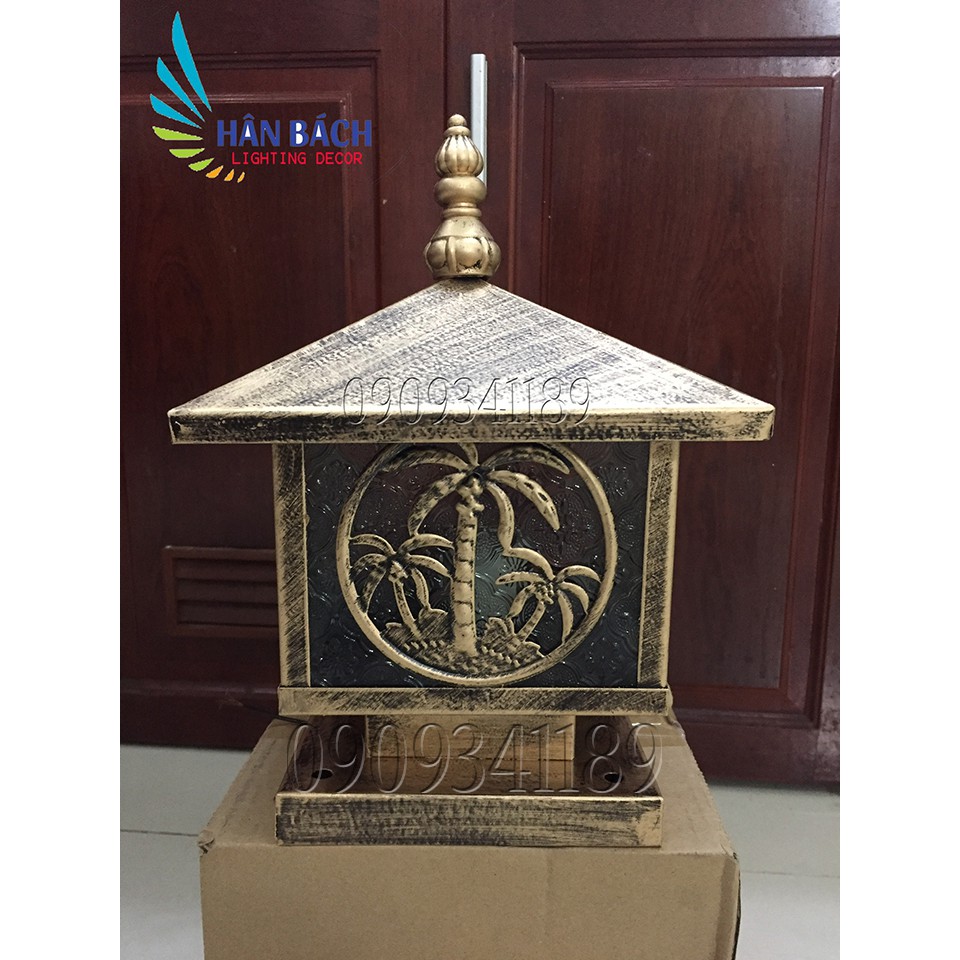 Đèn trụ cổng màu đồng gỉa cổ, đèn trụ sân vườn d200 habali