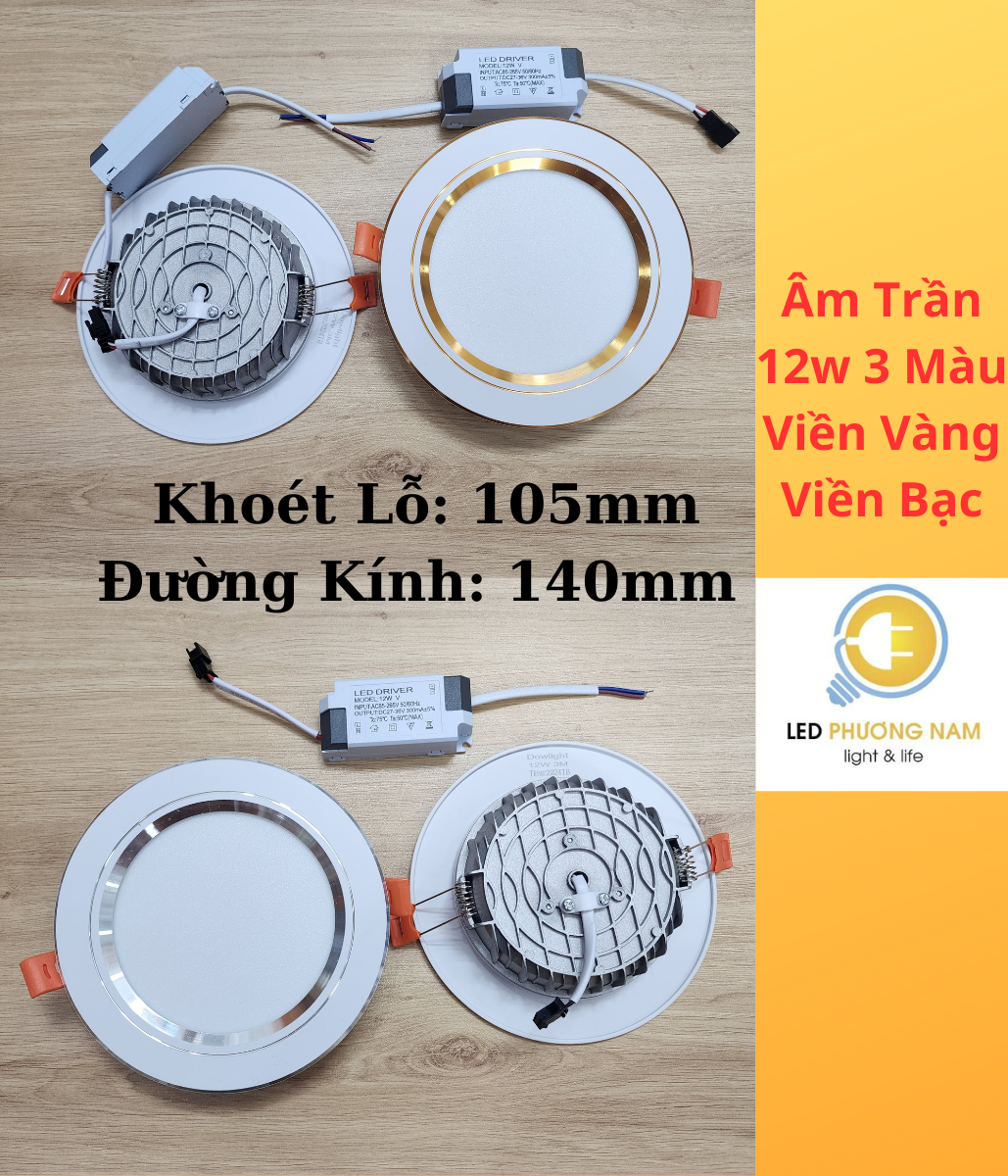 Đèn Led Âm Trần 3 Màu 7W & 9W và 12w (Viền Vàng - Viền Bạc)