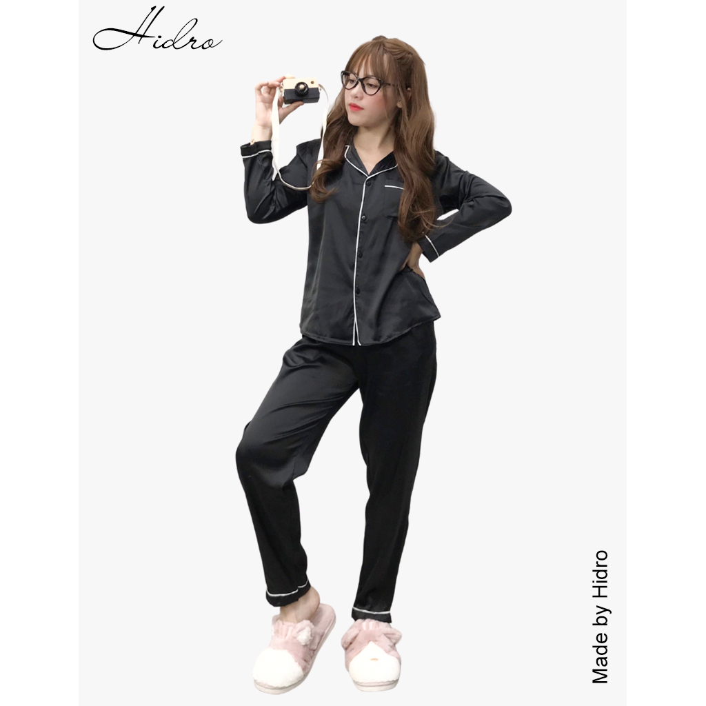 HIDRO Bộ ngủ pijama lụa satin trơn dài tay