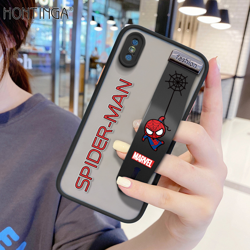 (With Wristband)Hontinga Casing Case For iPhone X Xr Xs Xs Max Case Shockproof Frosted Back Marvel Spider-Man Cartoon Transparent Phone Case Soft Edge Full Lens Camera Protector Back Cover Hard Case For Boys