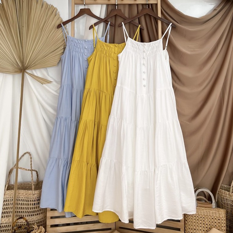 [Ảnh thật] Đầm maxi 2 dây tơ xước nhiều tầng nút bọc