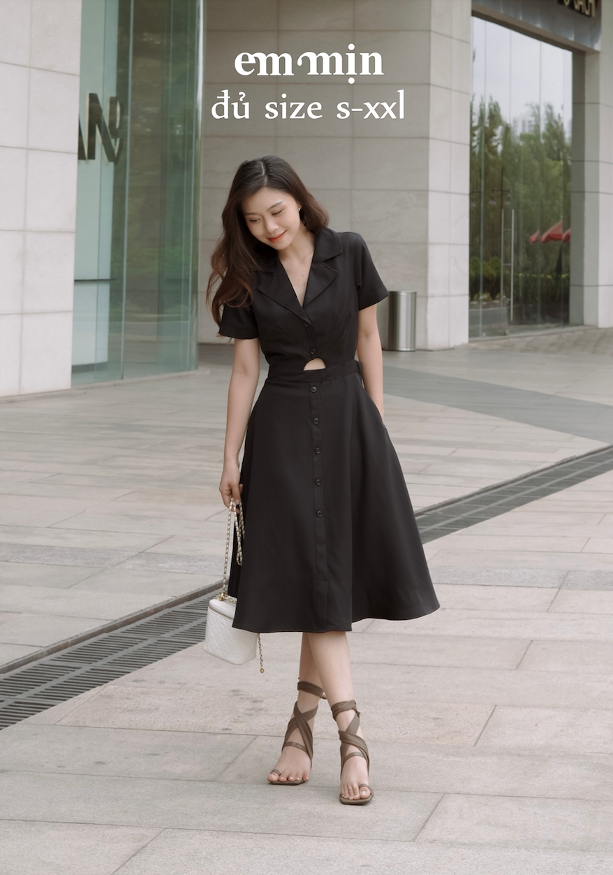 Đầm sơ mi khoét eo 2 Lớp Mịn Mát dáng chữ A